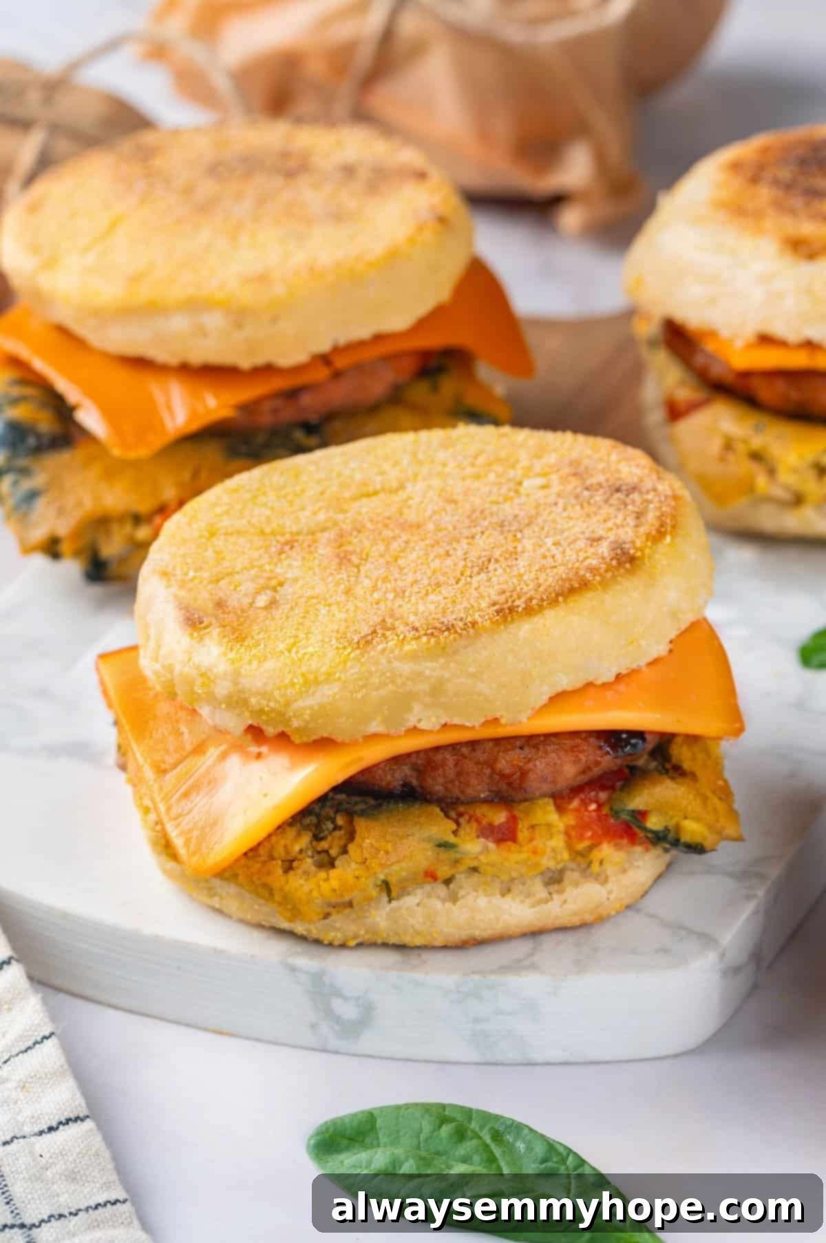 Three perfectly assembled vegan breakfast sandwiches displayed on a chic marble slab, highlighting the layers of omelet, sausage, and cheese