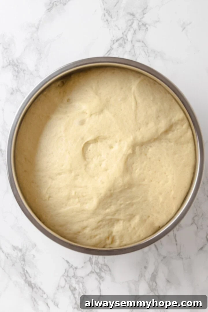 Let the French bread dough rise in a warm place until it has doubled in size, indicating proper yeast activity. Overhead view of French bread dough after it has doubled in bulk, showing a significantly expanded and airy texture, ready for shaping.