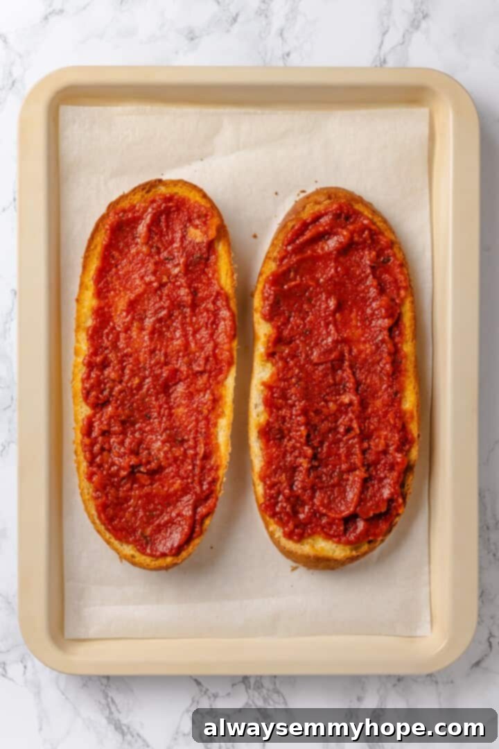 This vegan French Bread Pizza recipe is cheesy, easy and that thick, toasty base puts regular crust to shame. I’ve got two topping options! Overhead view of two French bread halves topped generously with pizza sauce