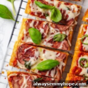 Speedy French Bread Pizza 2 Overhead view of sliced vegan French bread pizza on wire rack