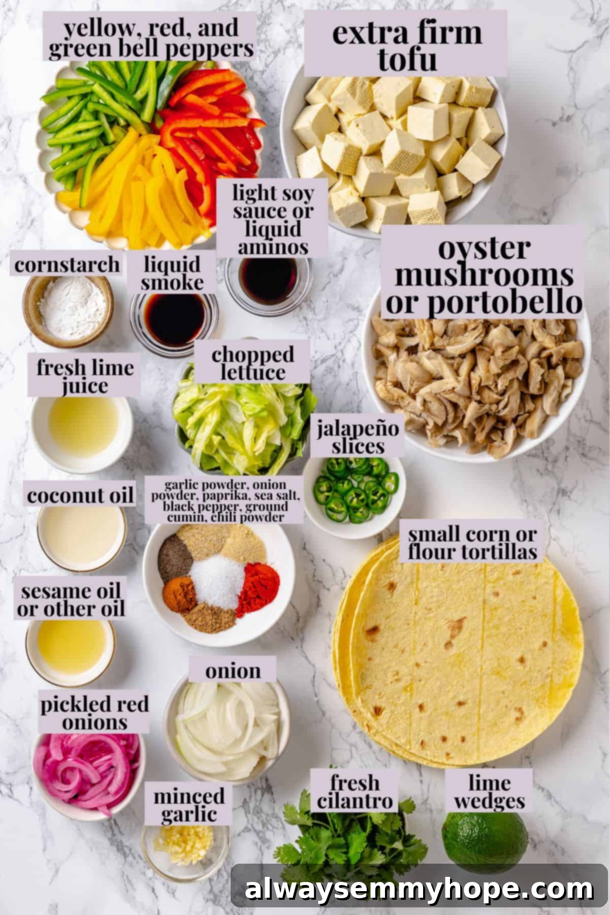 An overhead shot showcasing all the fresh, colorful ingredients laid out for making the tofu tacos with fajita vegetables, ready for preparation.