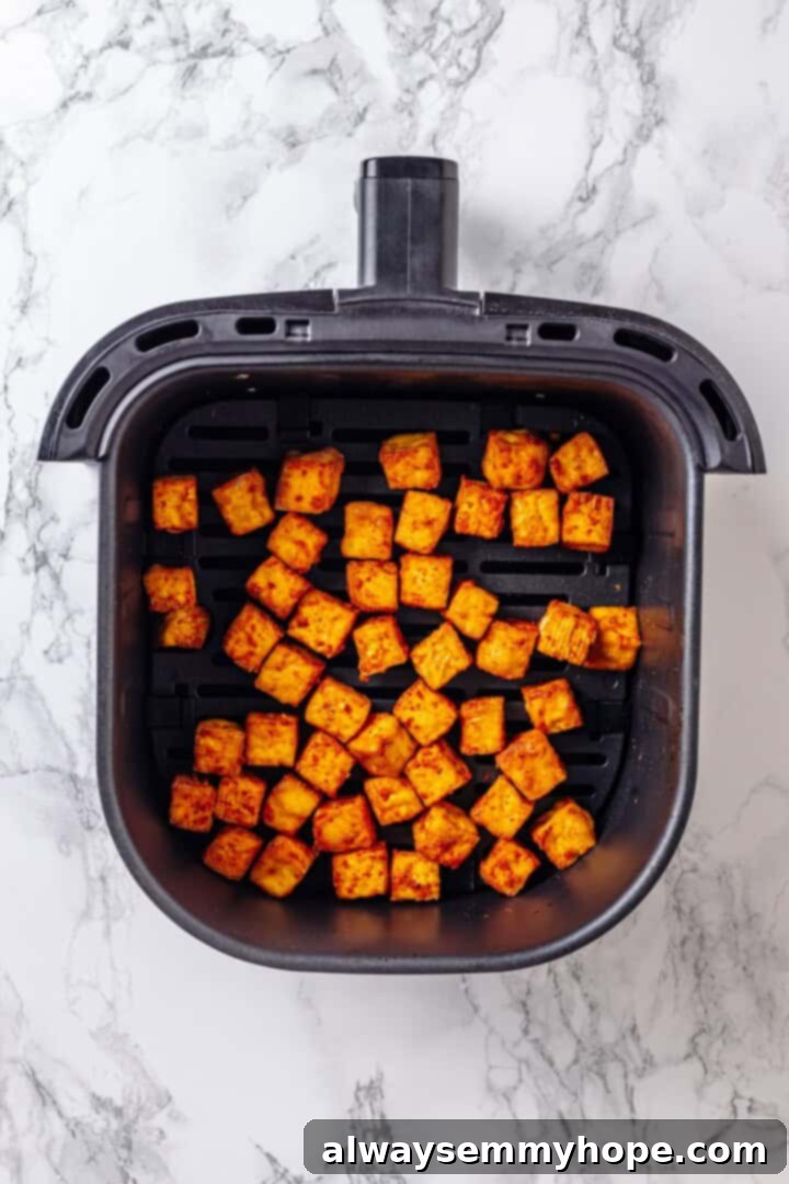 Cubed tofu, seasoned and ready for cooking, neatly arranged in an air fryer basket.