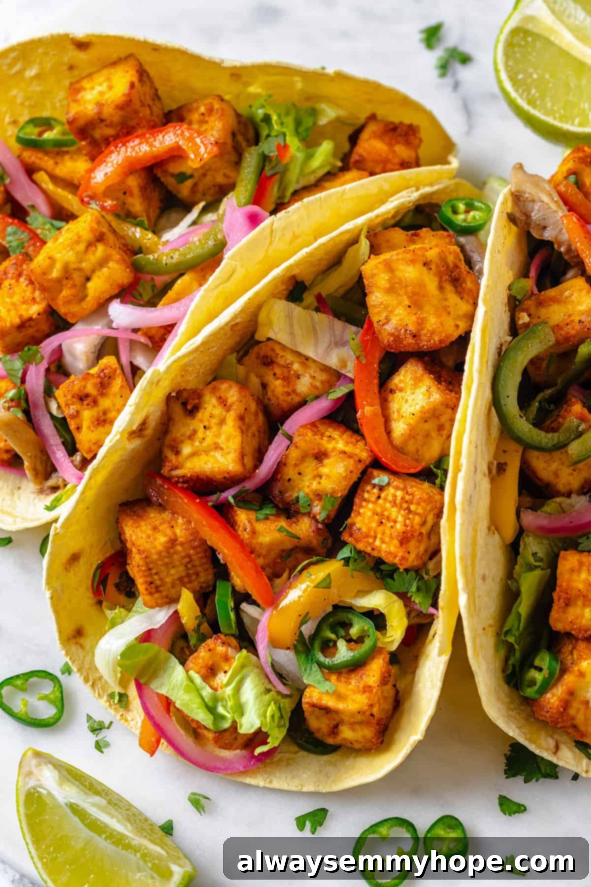 Close-up shot of three vegan tofu tacos, loaded with fajita vegetables and fresh toppings, highlighting the vibrant colors and textures.