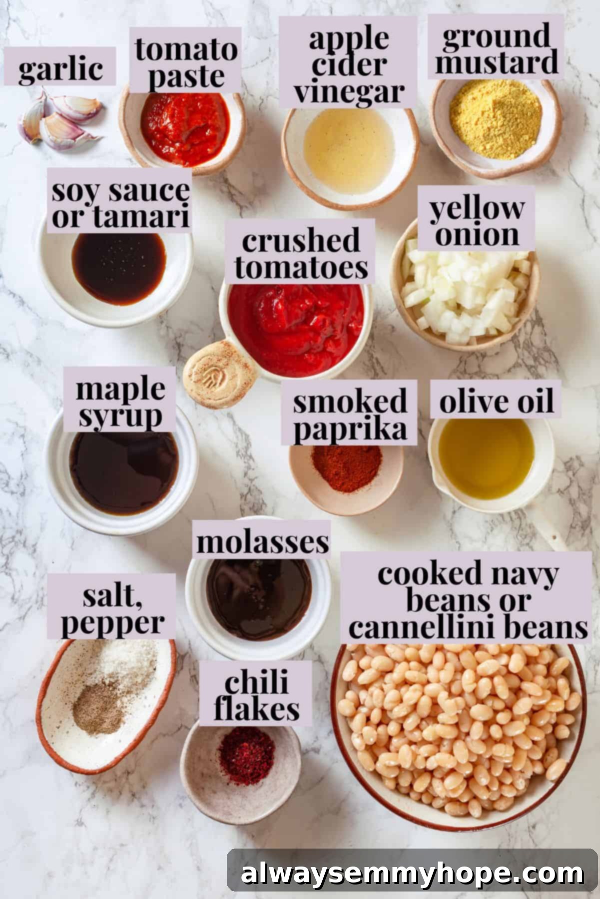 This vegan Baked Beans recipe has all the sweet, tangy, smoky flavour you love! Starting with canned beans makes this recipe a cinch. Overhead view of ingredients for vegan baked beans
