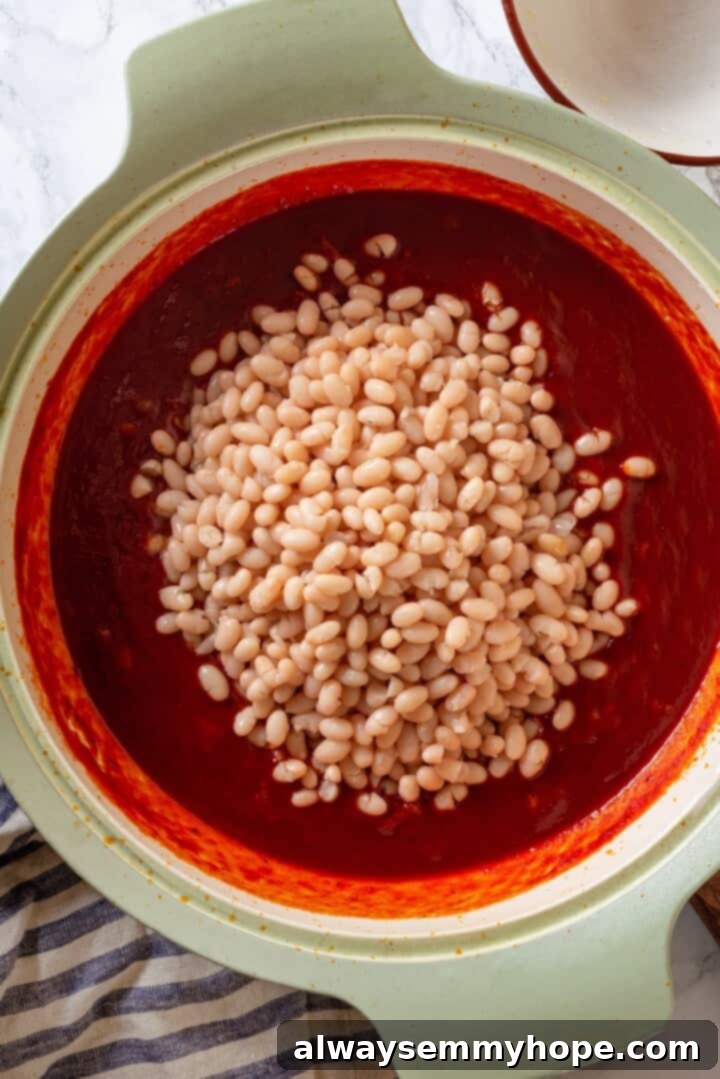 This vegan Baked Beans recipe has all the sweet, tangy, smoky flavour you love! Starting with canned beans makes this recipe a cinch. Overhead view of cooked beans added to pot of sauce
