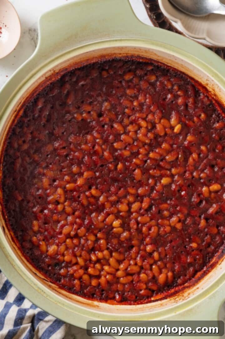 This vegan Baked Beans recipe has all the sweet, tangy, smoky flavour you love! Starting with canned beans makes this recipe a cinch. Overhead view of baked beans in pot