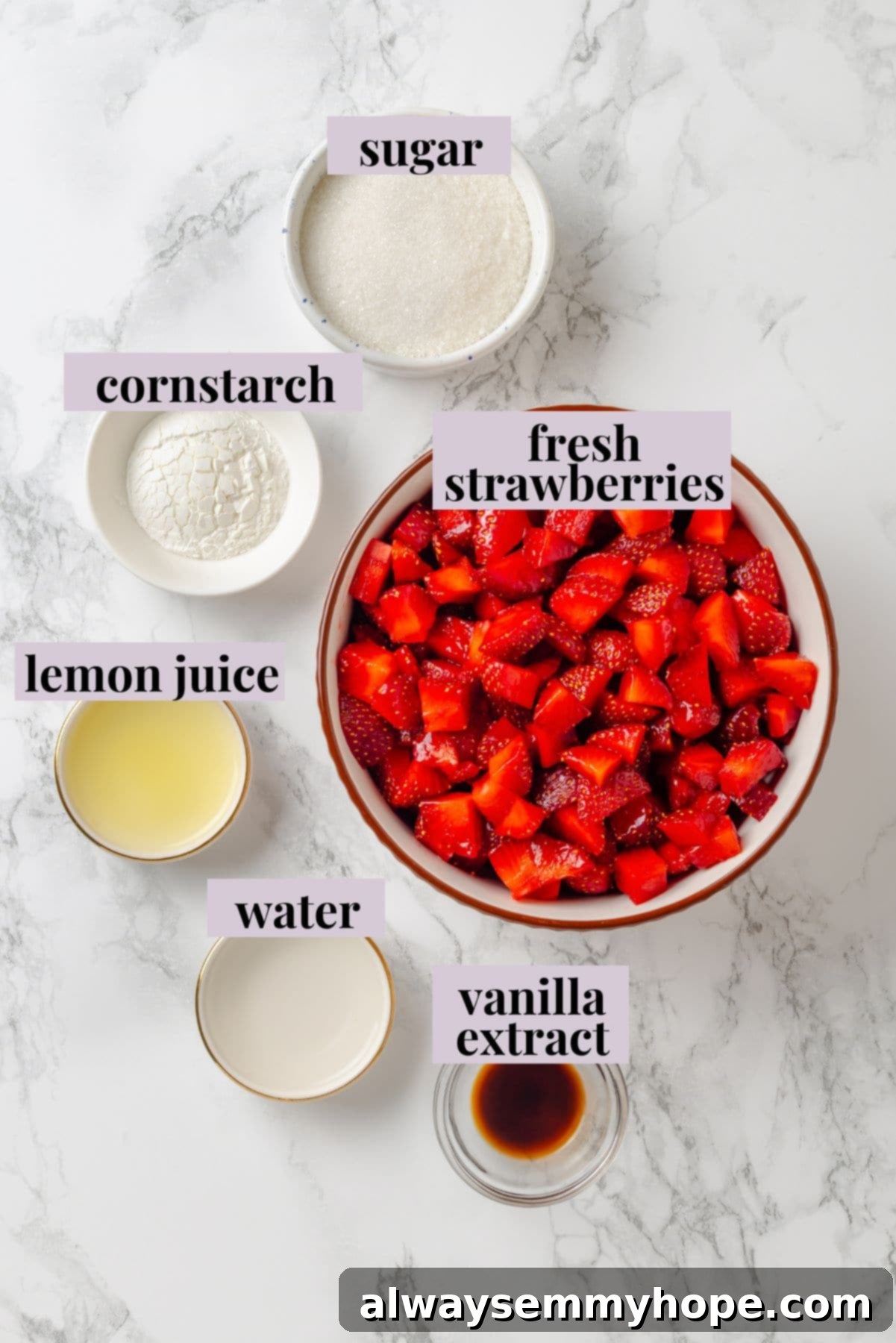 Overhead view of fresh ingredients for homemade strawberry cake filling