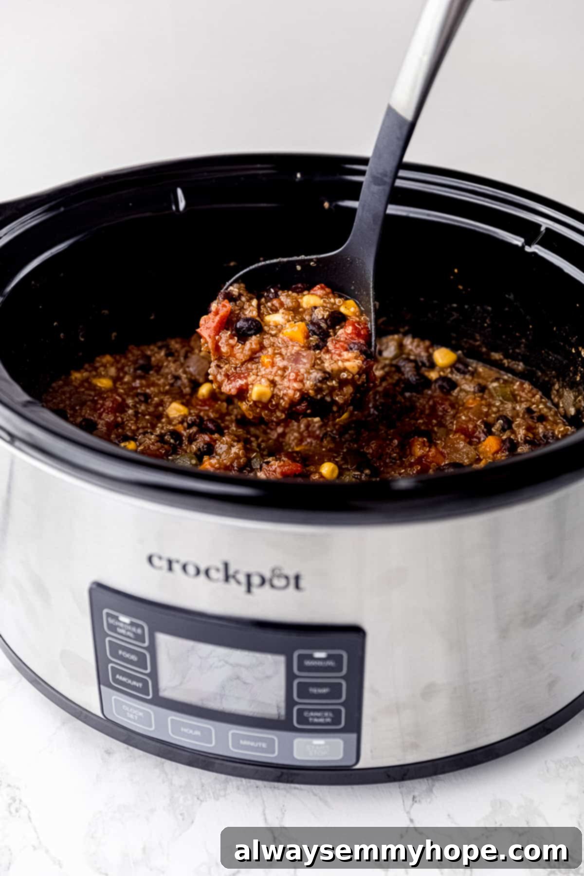 ladle taking some chili out of a Crockpot slow cooker, with a wider shot showing the appliance on a kitchen counter