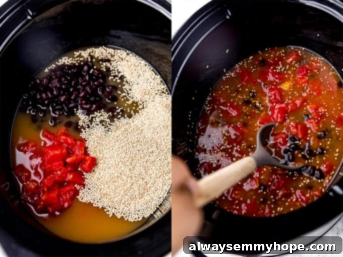 step by step shots showing the making of vegan chili, starting with adding liquid ingredients