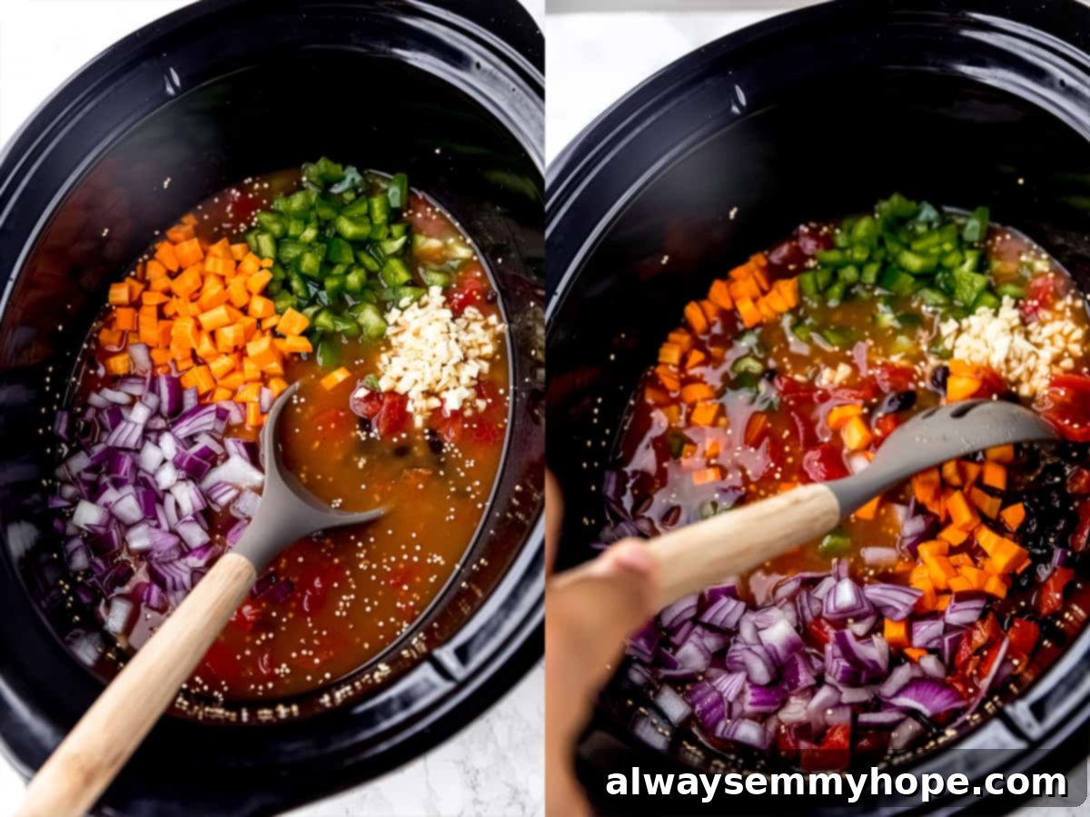 Hearty Slow Cooker Vegan Chili 6 Step-by-step image showing chopped bell peppers, carrots, corn, onion, and garlic being added to the slow cooker.