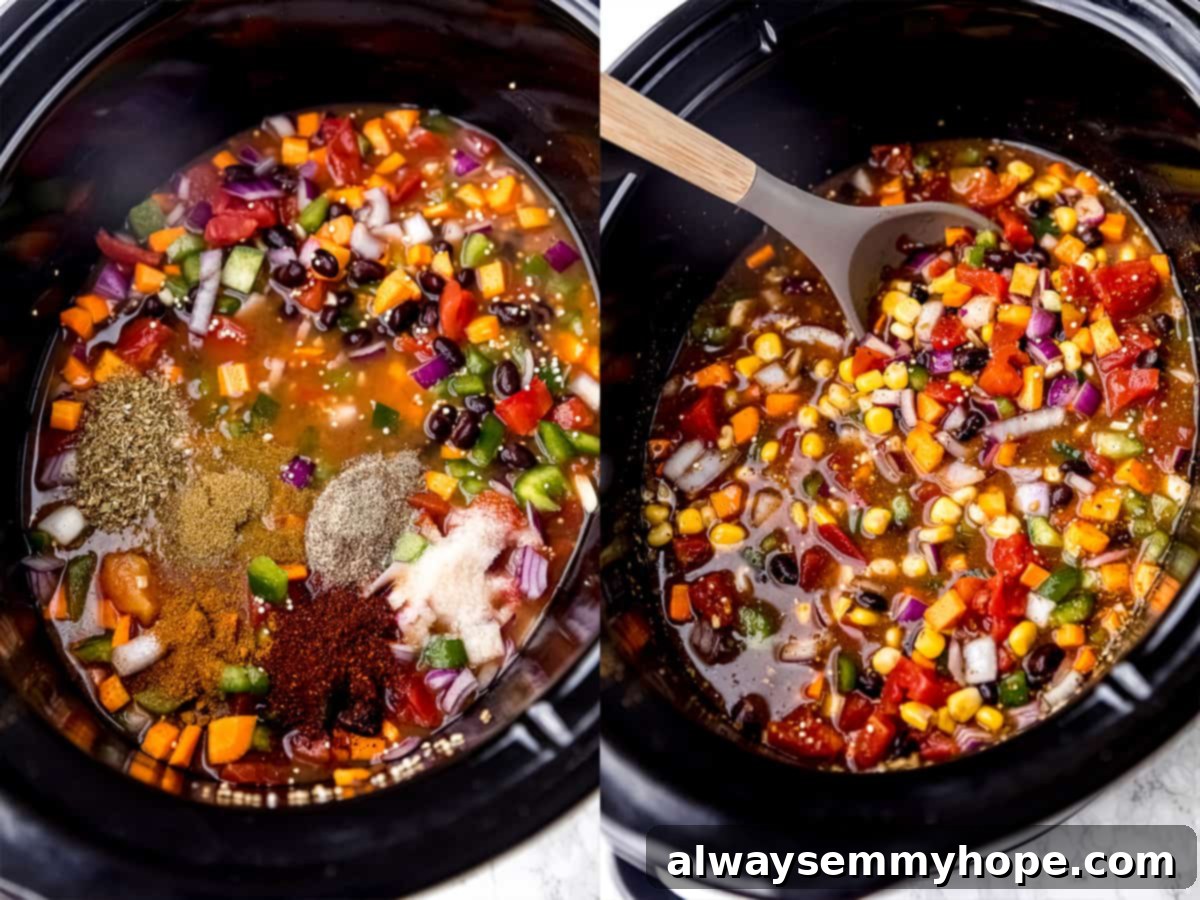 Hearty Slow Cooker Vegan Chili 7 Step-by-step image of chili powder, cayenne pepper, sea salt, black pepper, ground cumin, and oregano being added to the slow cooker.