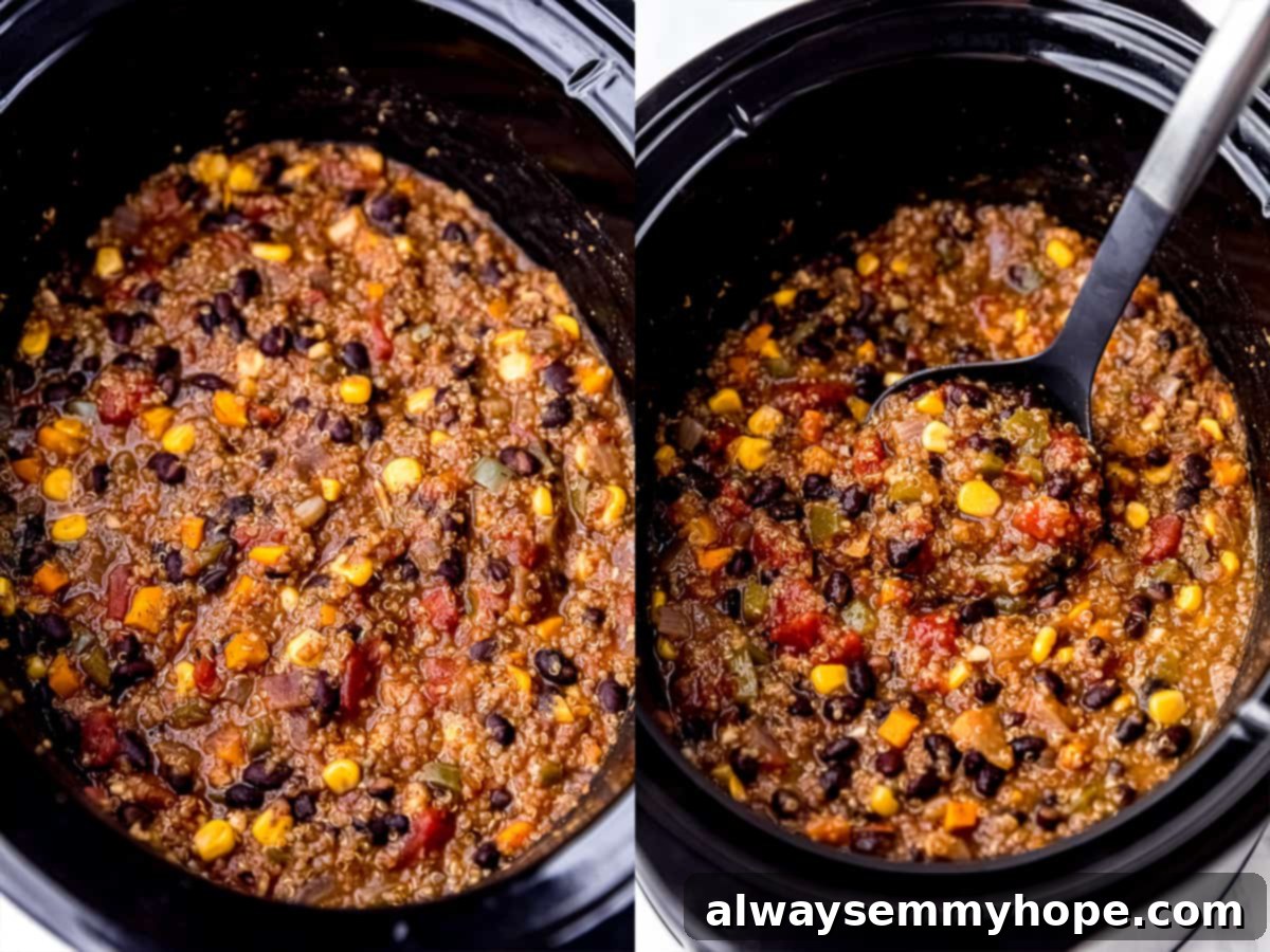 finished vegan chili simmering in a Crockpot slow cooker, ready to be served