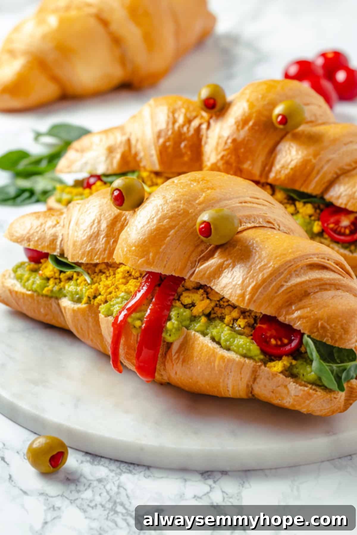 Two spooky vegan monster breakfast sandwiches on a white marble board