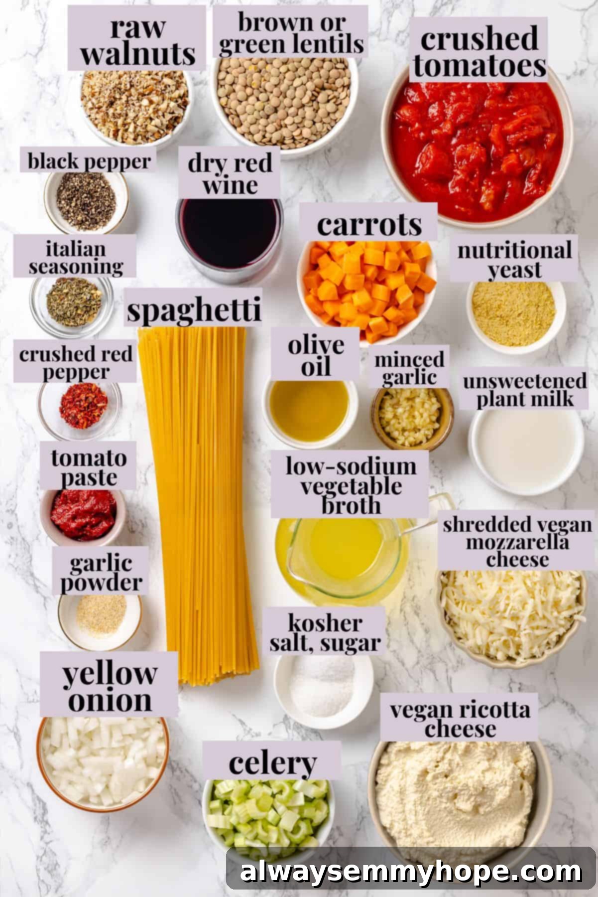 An overhead shot displays an organized array of fresh ingredients for Million Dollar Spaghetti, including carrots, celery, onion, lentils, canned tomatoes, spices, and spaghetti.