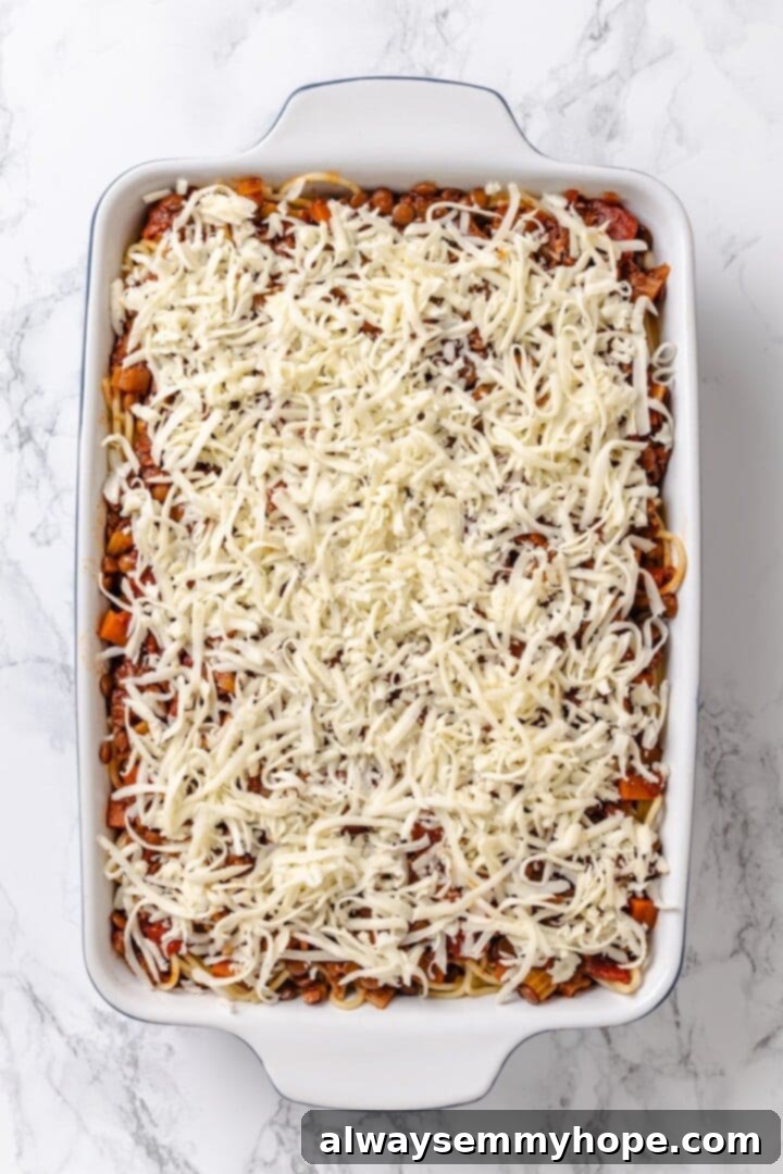Overhead view of the vegan Million Dollar Spaghetti casserole assembled in a baking dish, with layers of spaghetti, ricotta, sauce, and topped with shredded mozzarella, prior to baking.