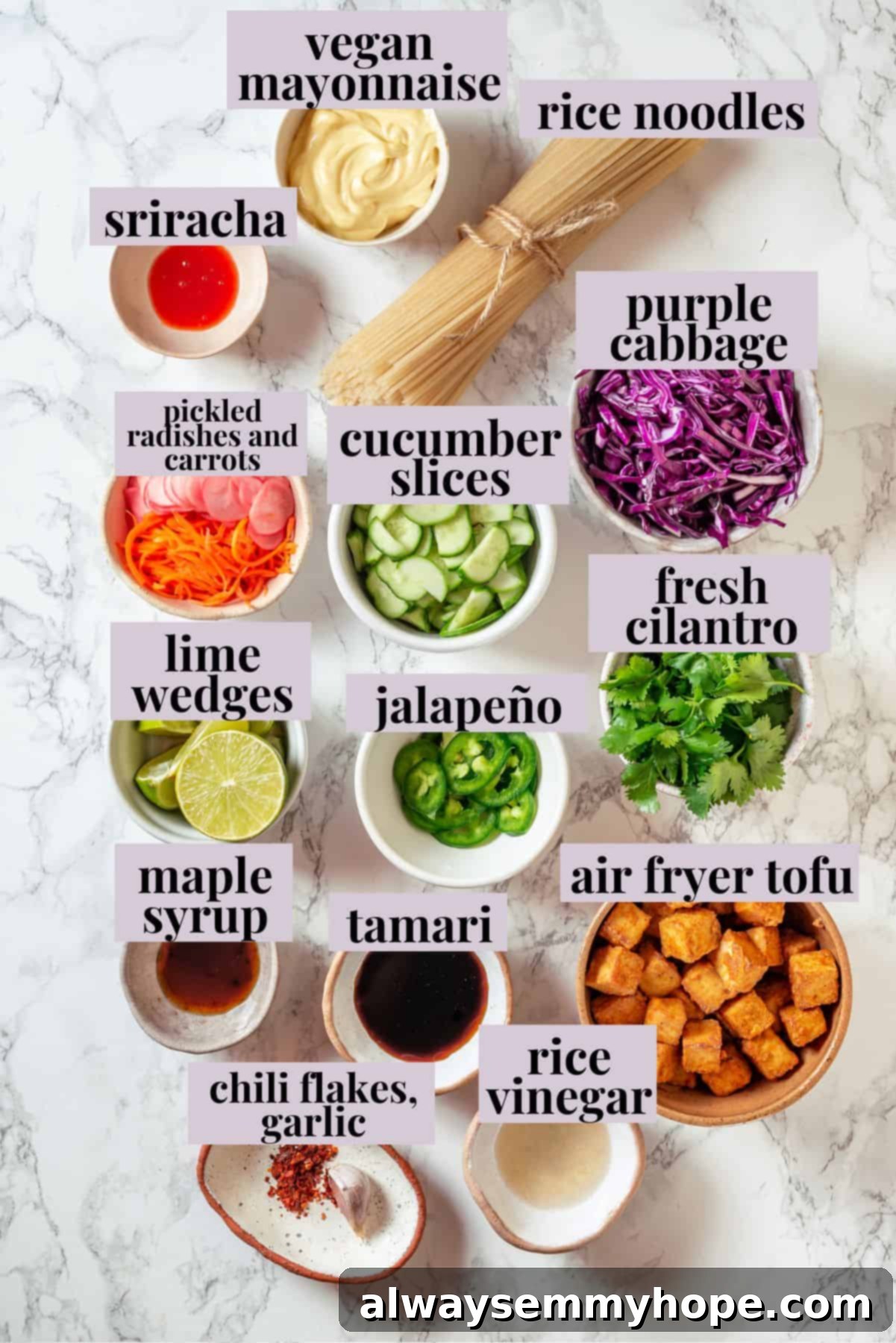 Overhead flat lay of all fresh ingredients for making vegan banh mi bowls, labeled for clarity, including tofu, noodles, and sauces.