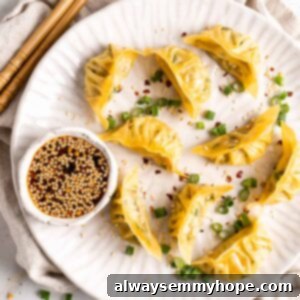 Crispy Vegan Potstickers 2 Overhead view of potstickers on white plate with dipping sauce and chopsticks