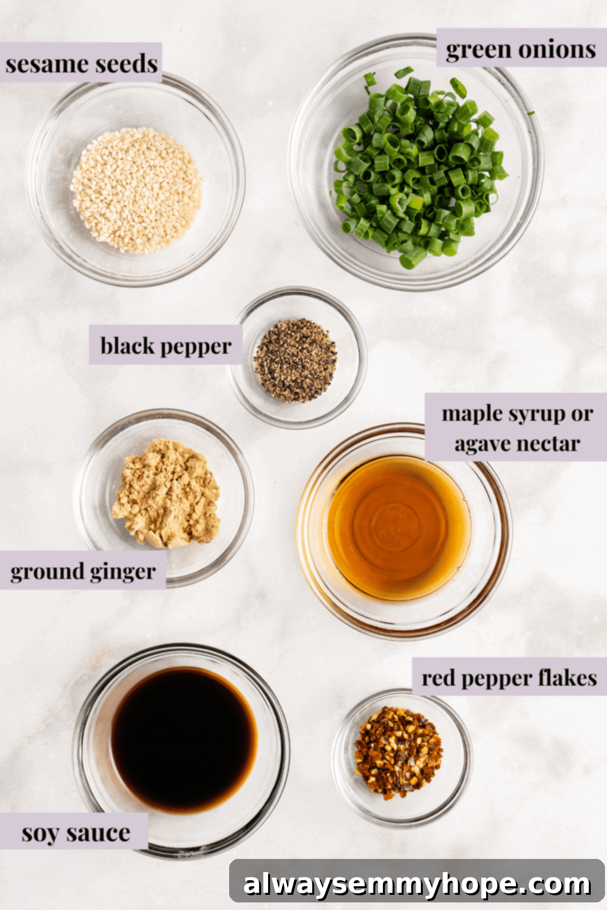 Step-by-step instructions on how to make vegan potstickers at home! These Chinese dumplings are filled with tofu and veggies. So good! Overhead view of meticulously prepared ingredients for vegan Chinese dumplings, including fresh vegetables, pressed tofu, and various seasonings, all neatly arranged in small bowls.