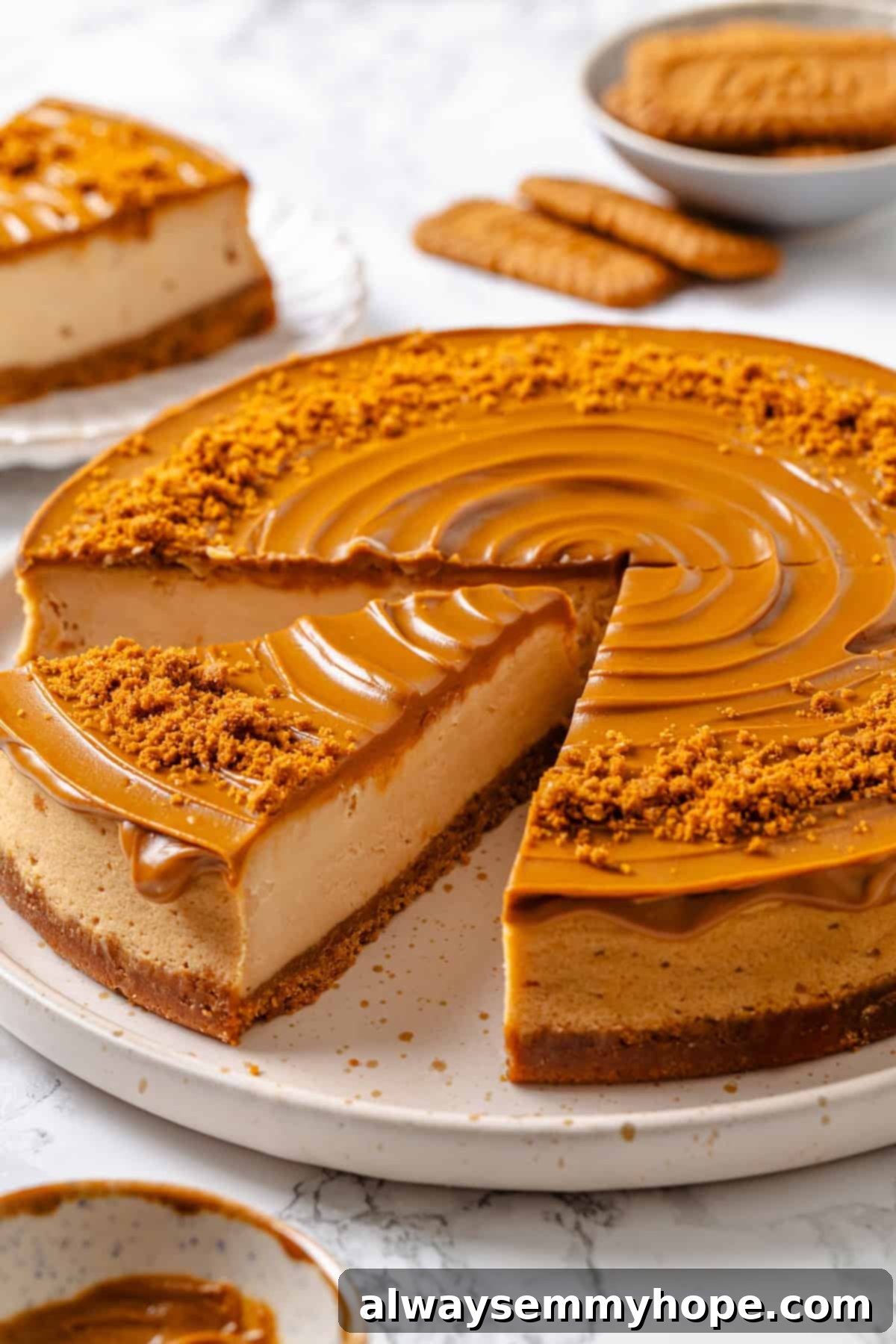 A perfectly cut slice of vegan Biscoff cheesecake separated from the main cake, ready to be served.