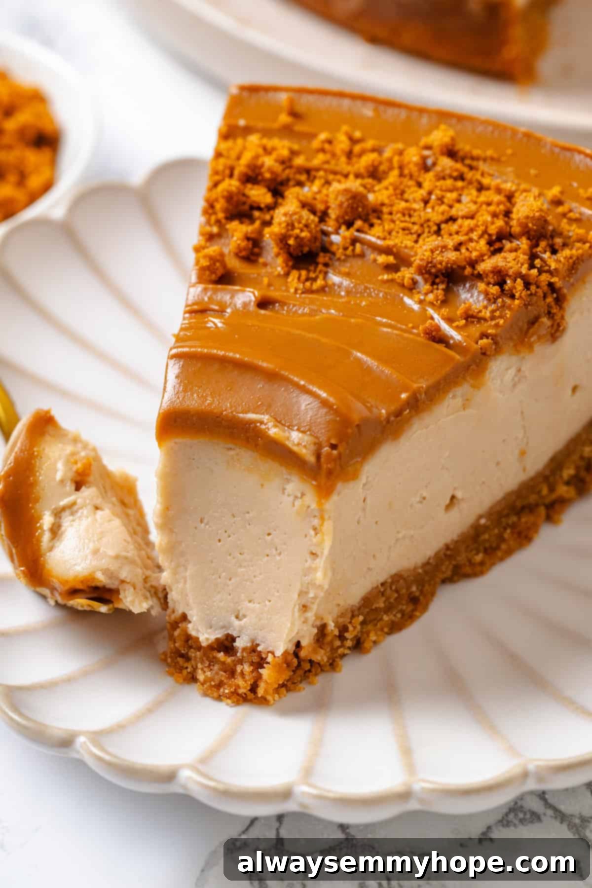 A tantalizing slice of vegan Biscoff cheesecake on a white plate, with a small piece on the fork, ready to be eaten.