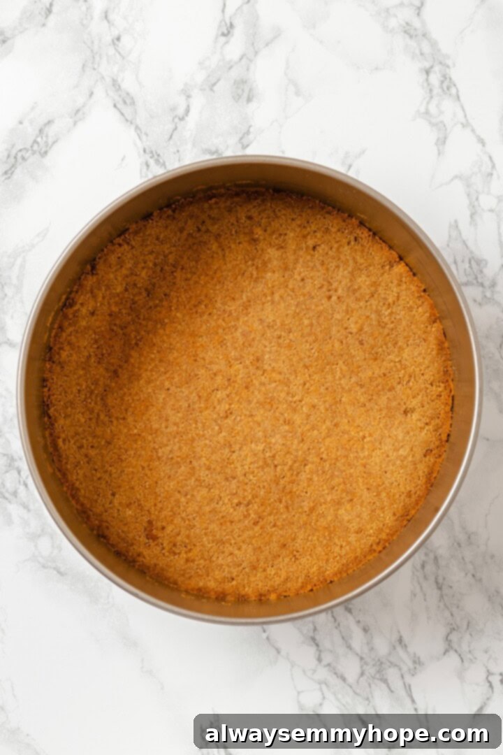 Golden brown Biscoff cookie crust pressed firmly into a springform pan, ready for the filling.