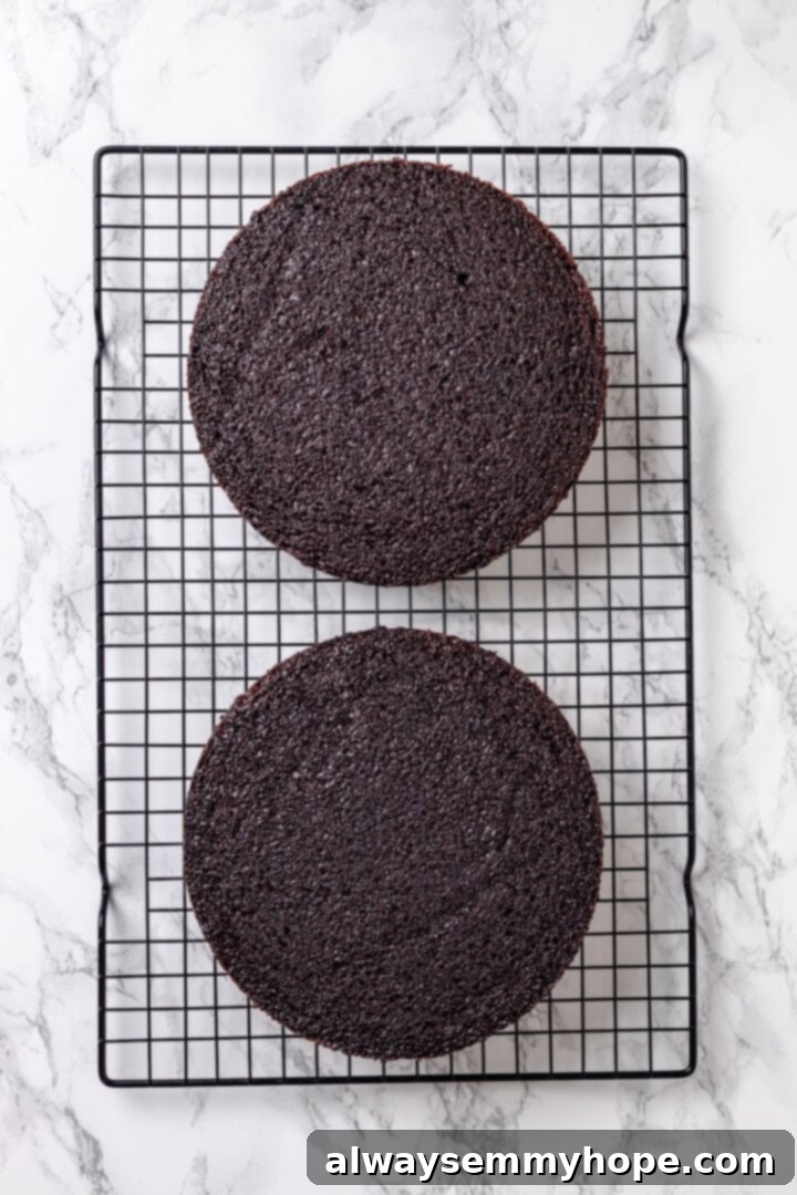 Two baked chocolate cake layers cooling on a wire rack after being removed from their pans.