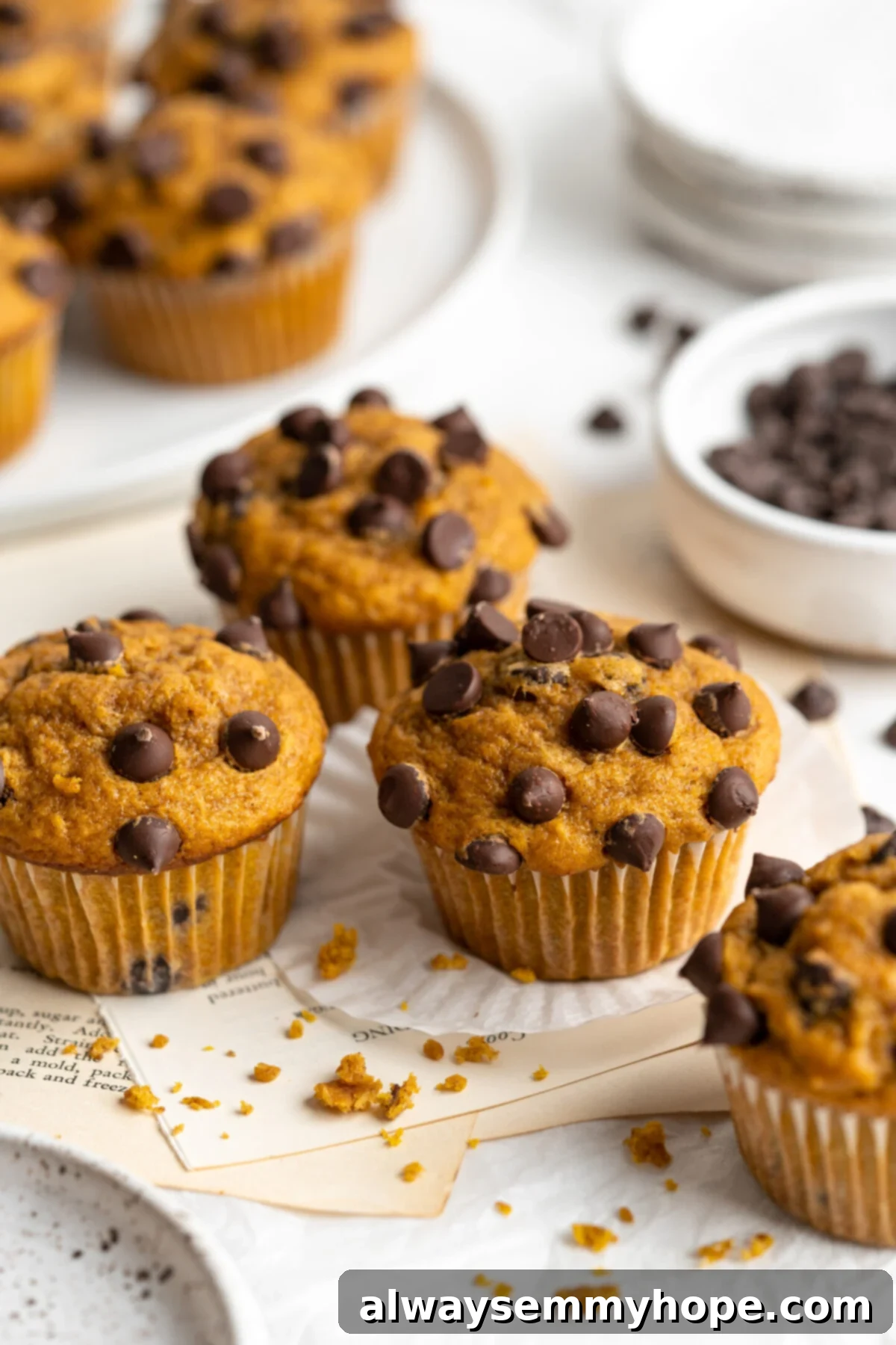 Four fluffy vegan pumpkin chocolate chip muffins arranged beautifully, with a plate of more muffins in the background and a bowl of chocolate chips scattered around.
