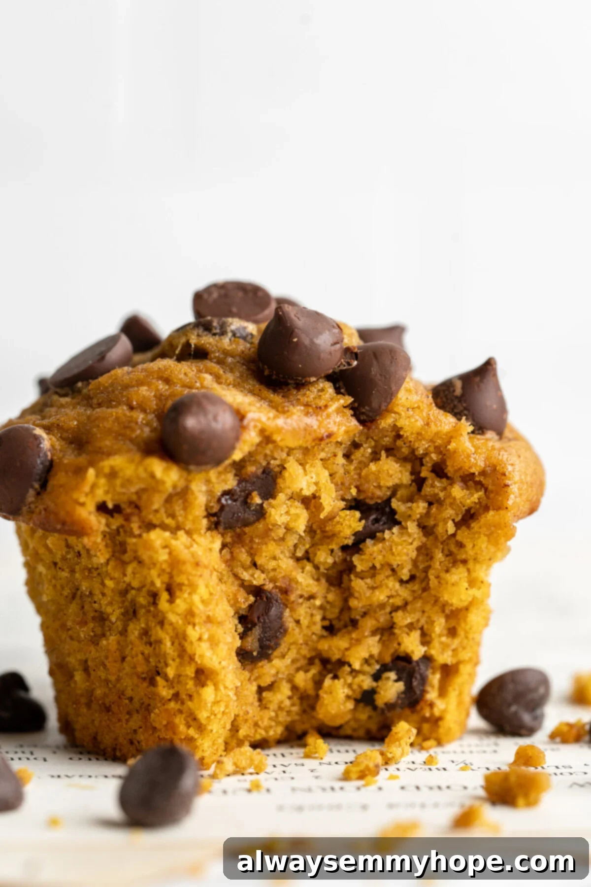 Close up of a vegan pumpkin chocolate chip muffin with a bite taken out, revealing its moist interior and chocolate chips.