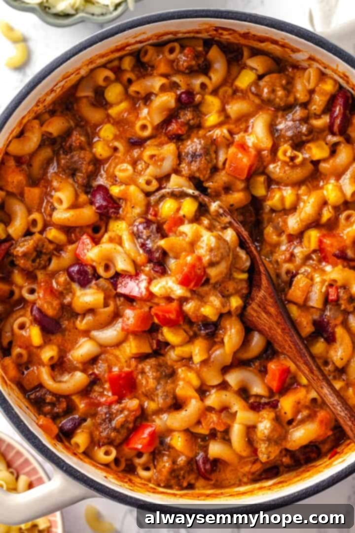This Chili Mac and Cheese recipe is loaded with vegan ground beef, beans and lots of plant-based cheese. A kid-friendly comfort food dinner! A large pot of freshly prepared vegan chili mac and cheese, perfectly creamy and ready to be served, with a wooden spoon resting in it.