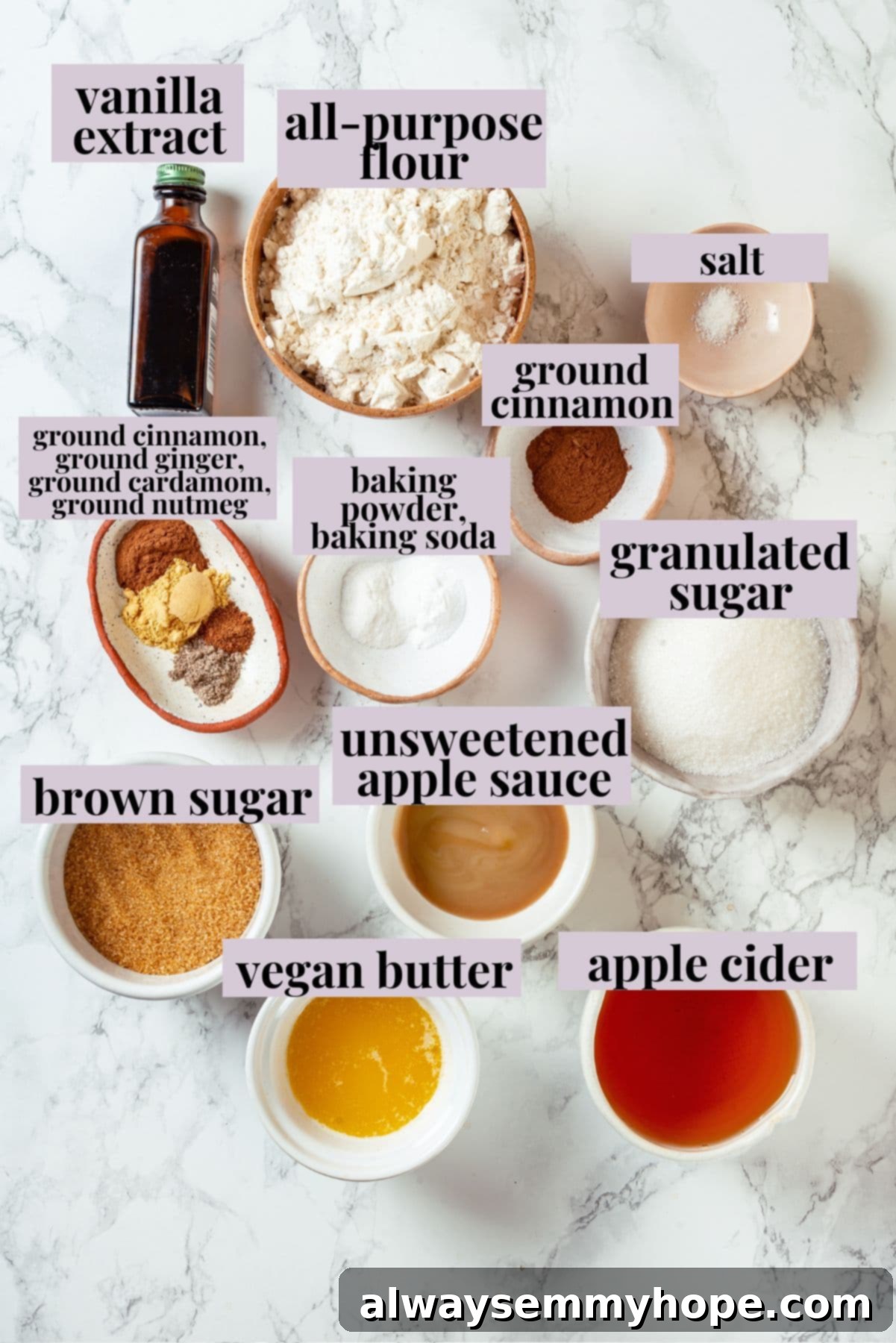 These tender cinnamon-spiced Apple Cider Donuts are baked instead of fried and made without yeast, which means they're super easy to make! Overhead view of ingredients for apple cider donuts.