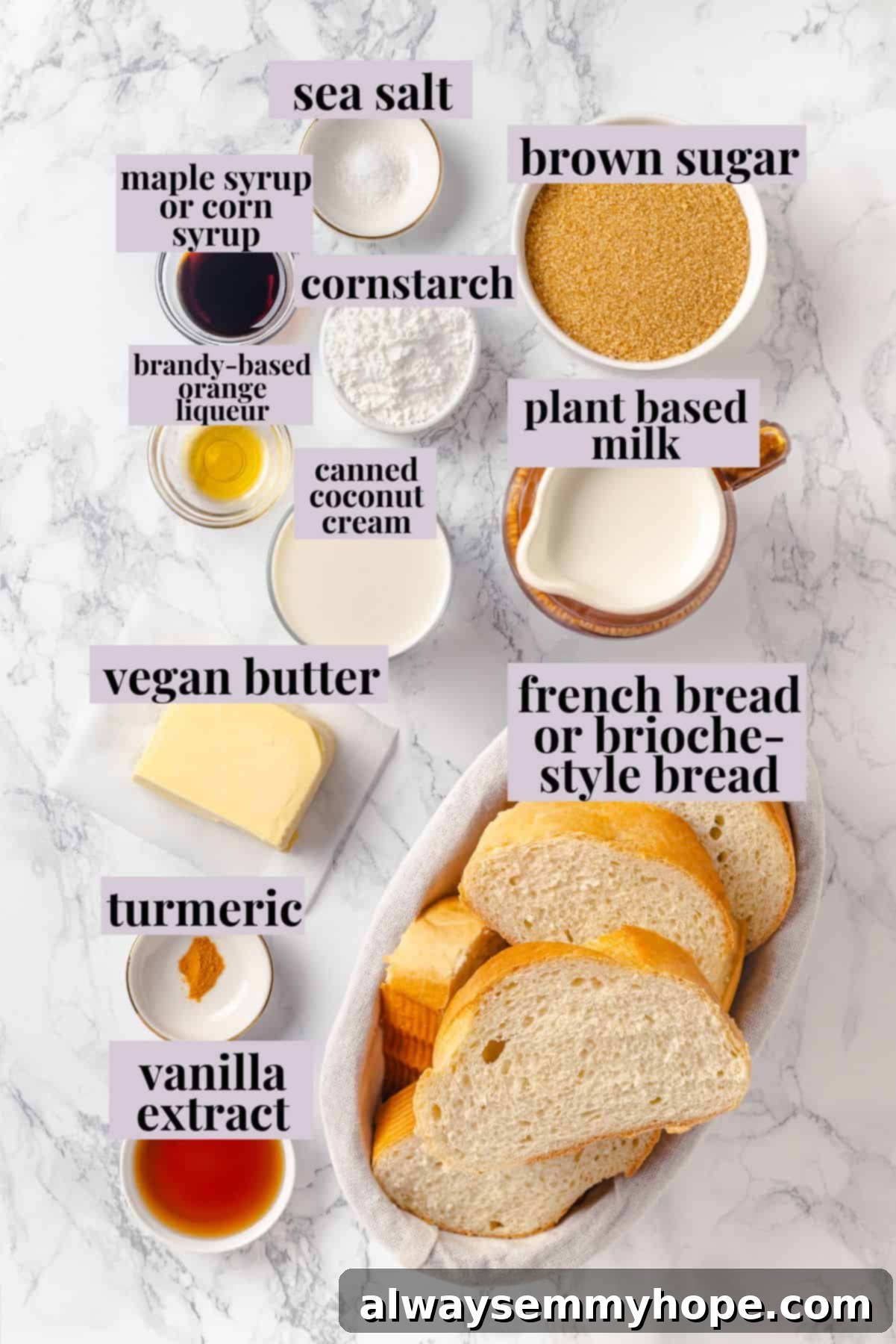 With a rich vegan custard and caramel, this Creme Brûlée French Toast has the flavour of the classic dessert in crowd-pleasing breakfast form! Overhead view of ingredients for creme brulee French toast with labels.