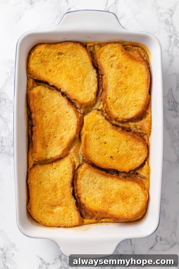 With a rich vegan custard and caramel, this Creme Brûlée French Toast has the flavour of the classic dessert in crowd-pleasing breakfast form! Vegan creme brulee French toast in baking dish before adding caramel.