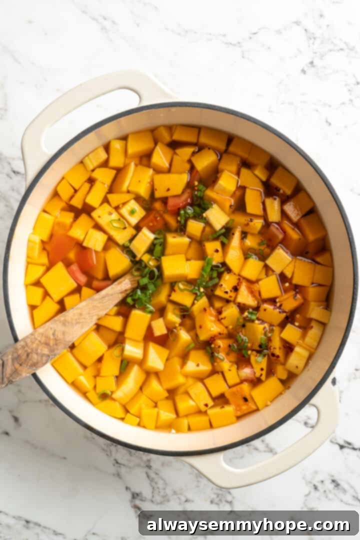 Overhead view of soup ingredients in pot with wooden spoon