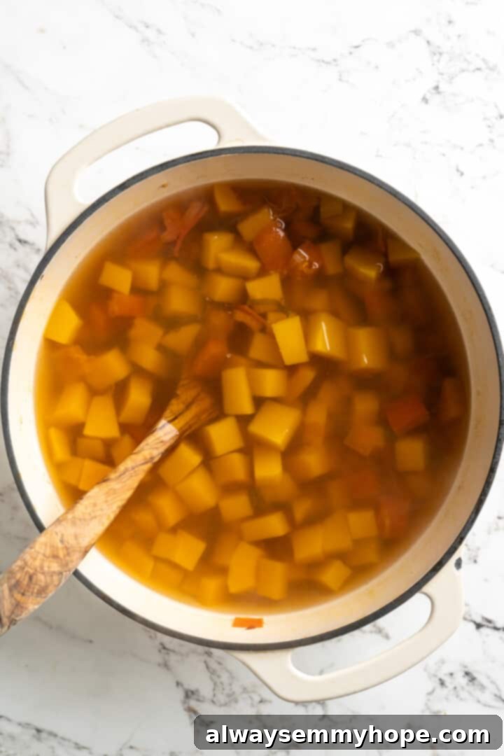 Overhead view of pumpkins and broth in pot