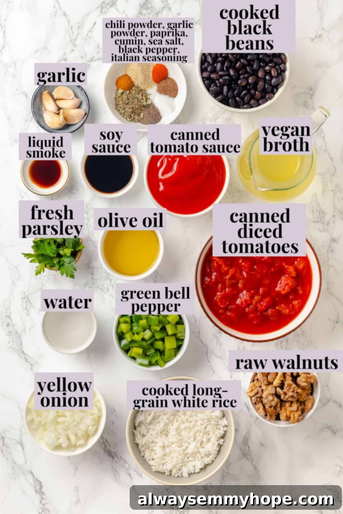 Ingredients for vegan stuffed pepper soup.