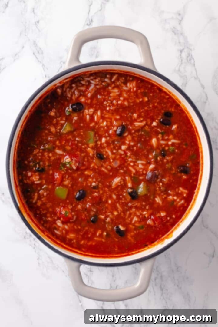 Stuffed pepper soup in Dutch oven.