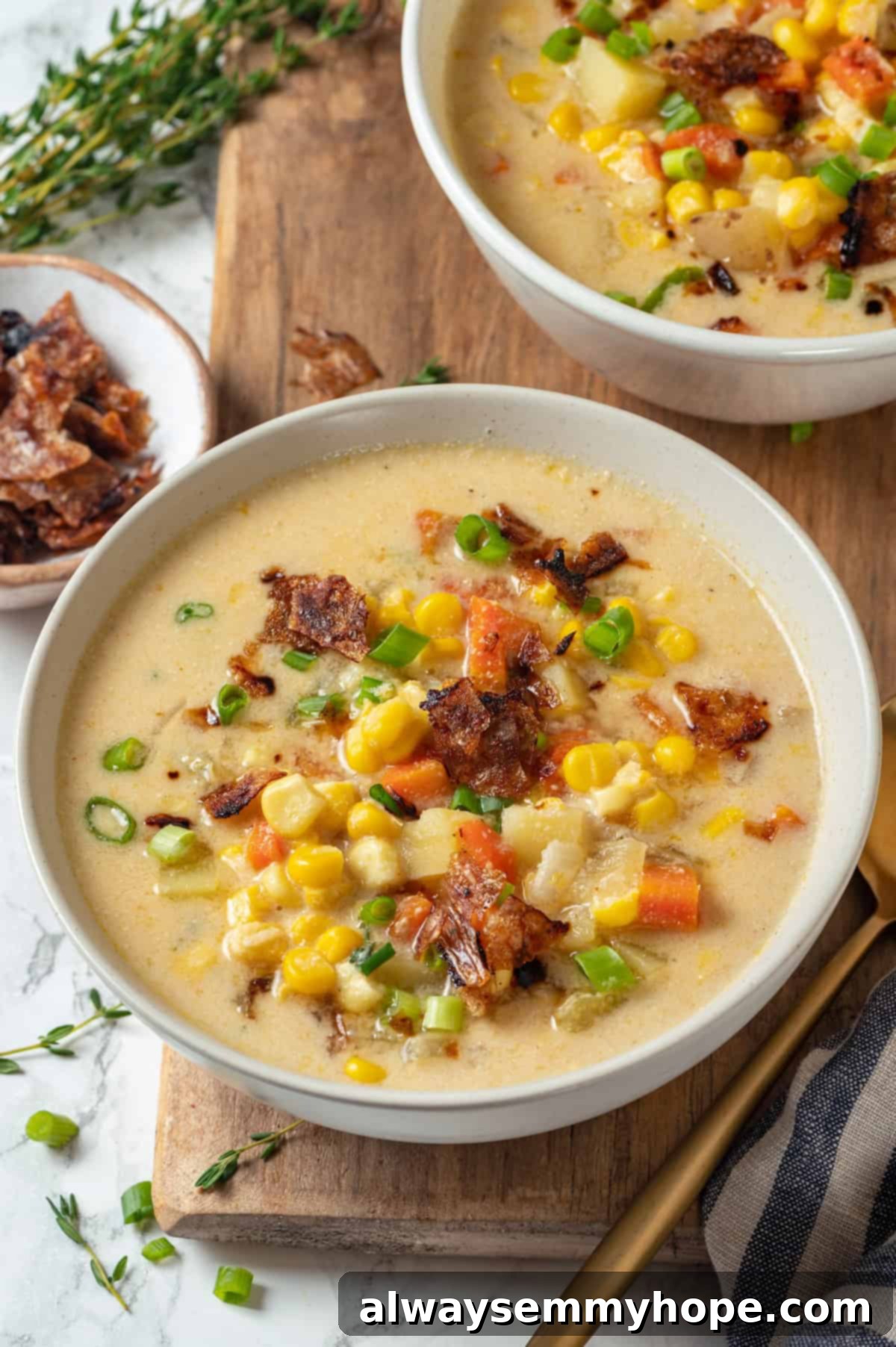Two bowls of vegan corn chowder with vegan bacon topping.