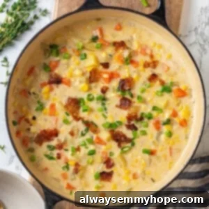 Vegan corn chowder in Dutch oven.