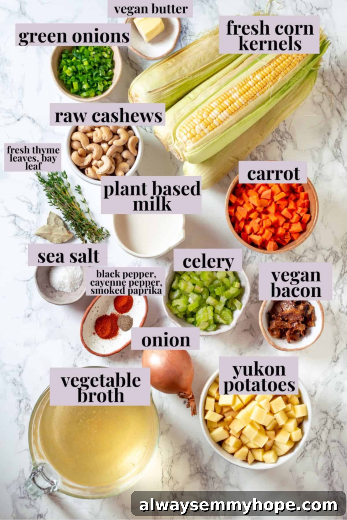 Ingredients for vegan corn chowder, labeled for clarity.