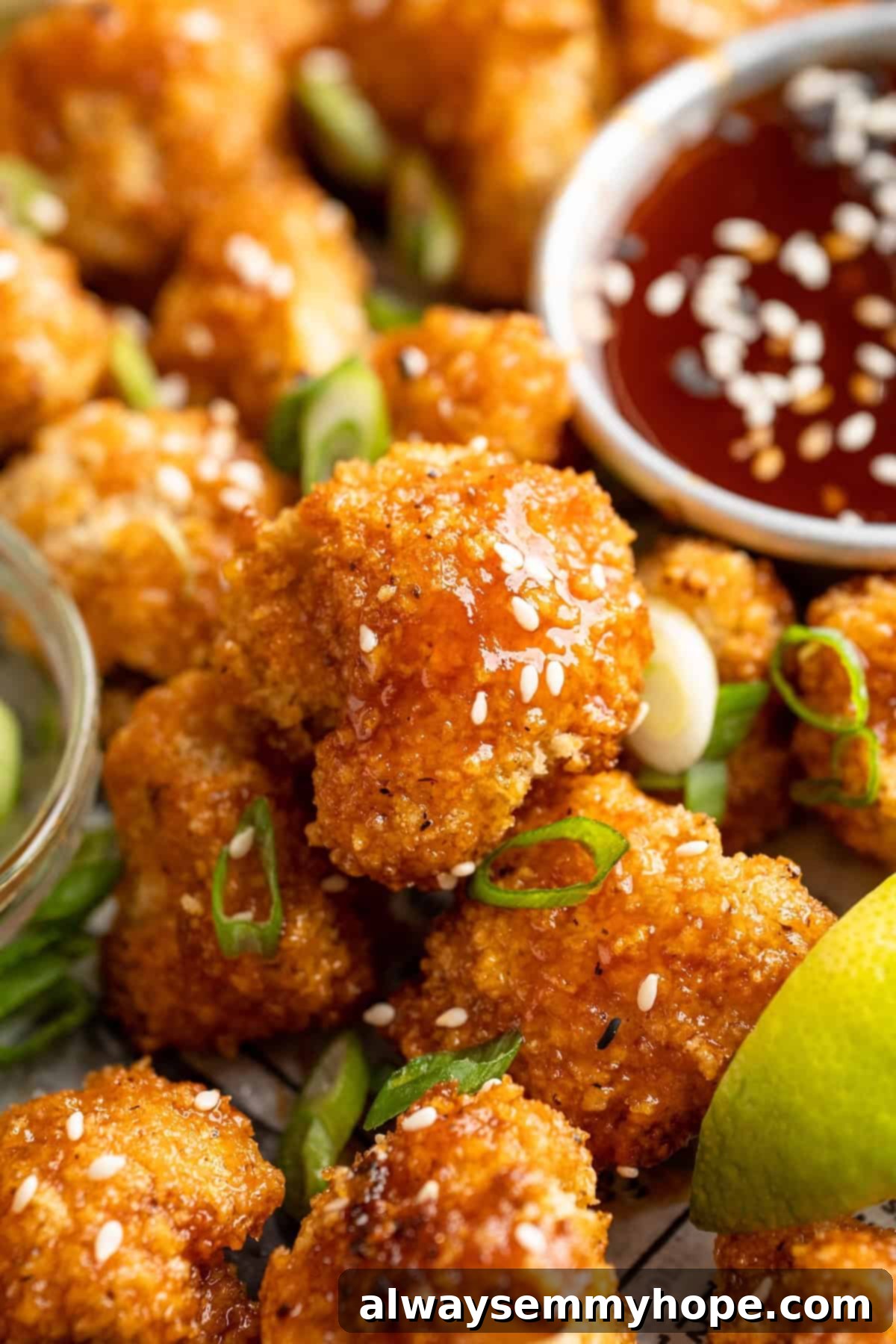 These Cauliflower Bites are crispy, crunchy and full of big flavour thanks to an irresistible sweet sriracha sauce. A total crowd pleaser! Closeup of crispy cauliflower bite with glistening sweet sriracha sauce, garnished with sesame seeds