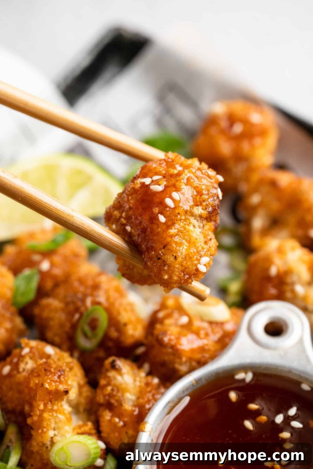 These Cauliflower Bites are crispy, crunchy and full of big flavour thanks to an irresistible sweet sriracha sauce. A total crowd pleaser! Chopsticks picking up a crispy sweet sriracha cauliflower bite from a plate