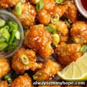 Sweet Heat Sriracha Cauliflower Bites 2 Overhead view of crispy cauliflower bites with sweet sriracha sauce, garnished with lime, green onions, and sesame seeds