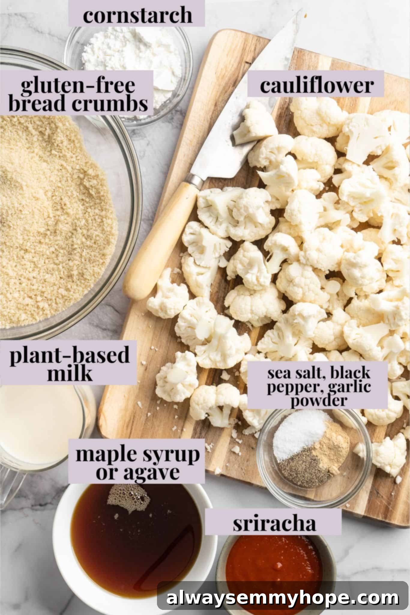 These Cauliflower Bites are crispy, crunchy and full of big flavour thanks to an irresistible sweet sriracha sauce. A total crowd pleaser! Overhead view of fresh ingredients for cauliflower bites including a head of cauliflower, plant milk, sriracha, maple syrup, and spices