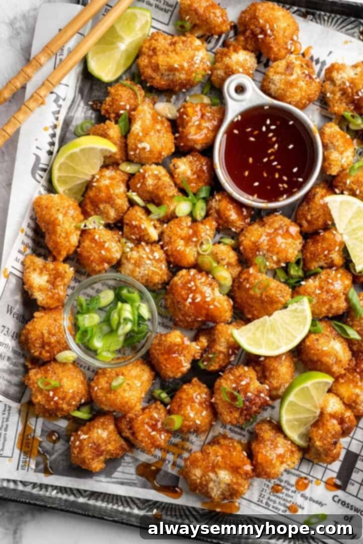 These Cauliflower Bites are crispy, crunchy and full of big flavour thanks to an irresistible sweet sriracha sauce. A total crowd pleaser! Overhead view of baked sweet sriracha cauliflower bites on a sheet pan, with a bowl of sauce and chopped green onions