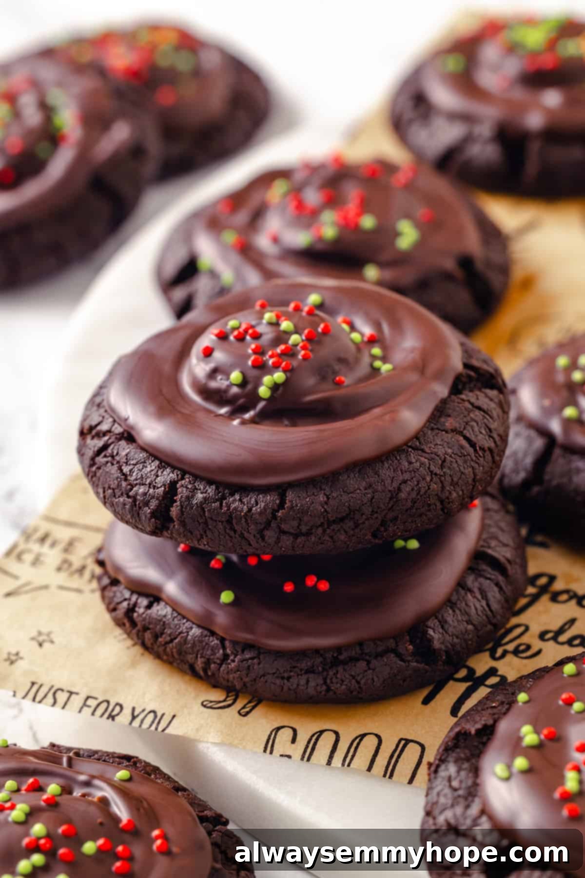 Stack of vegan hot chocolate cookies on a plate.