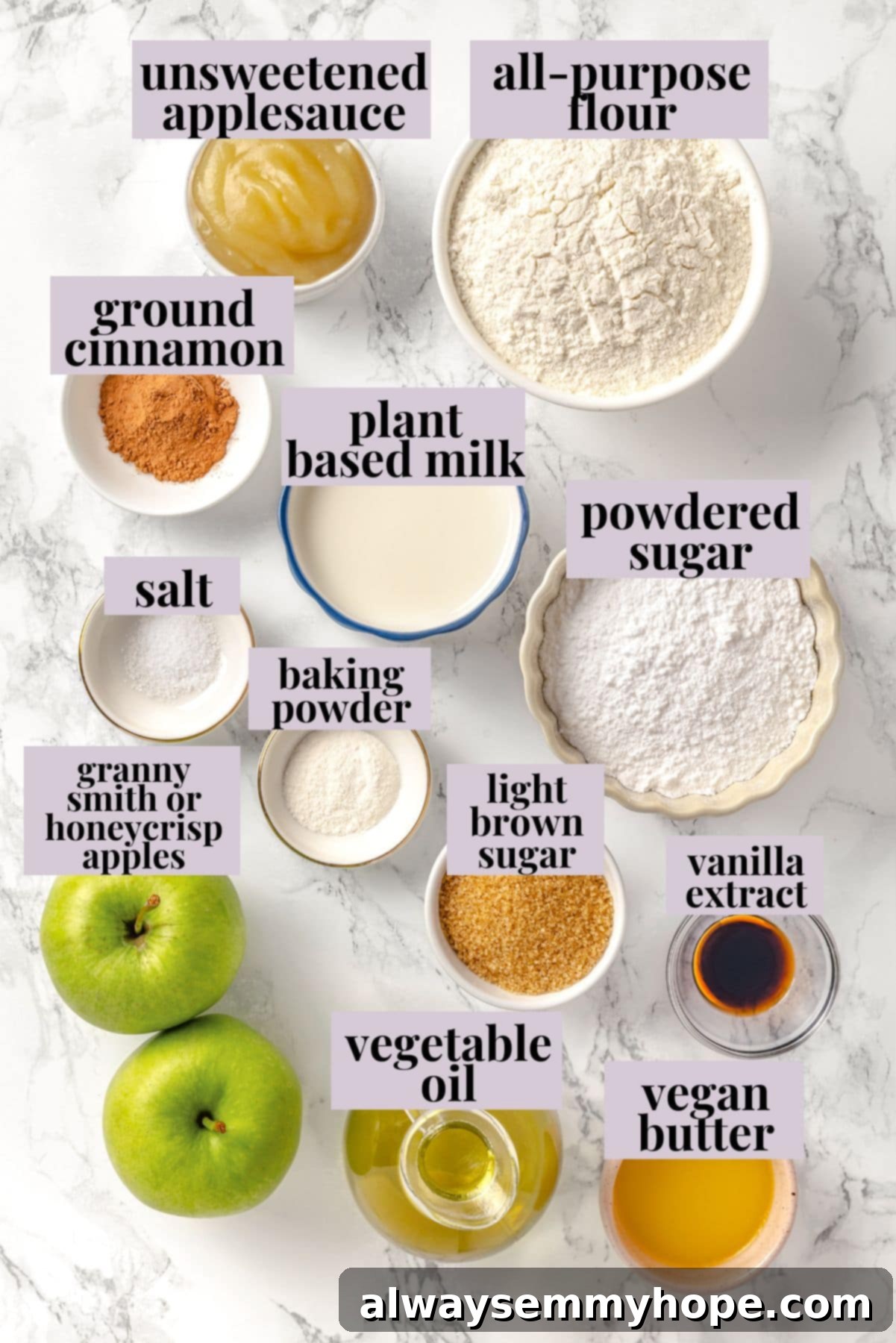 Tender apples, sticky glaze, and dough that’s crisp on the outside and pillowy soft inside make this the best vegan apple fritters recipe! Various ingredients for vegan apple fritters laid out with labels.