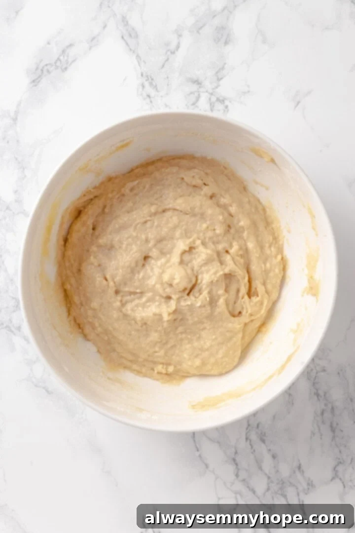 Tender apples, sticky glaze, and dough that’s crisp on the outside and pillowy soft inside make this the best vegan apple fritters recipe! Apple fritter dough before adding apples, showing consistency.