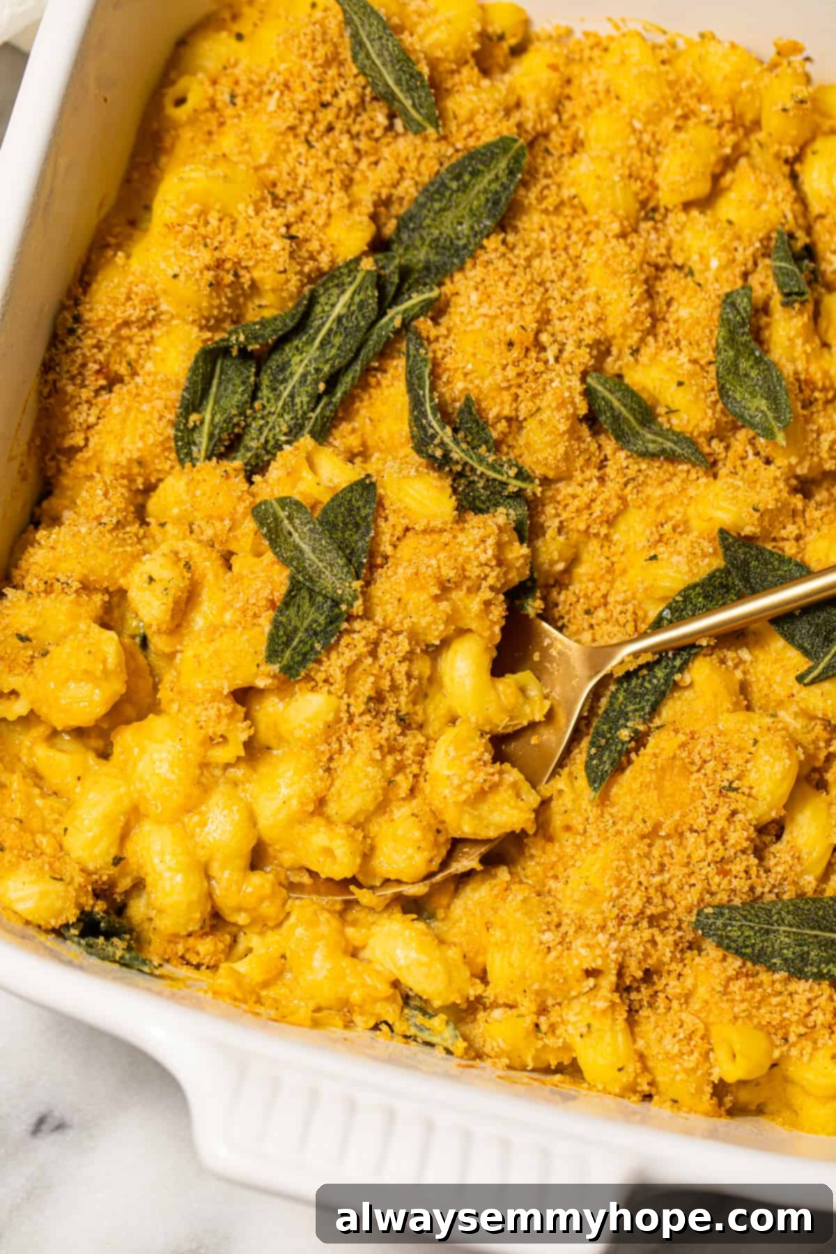 Vegan Butternut Squash Mac and Cheese 2 Baked vegan mac and cheese with crispy sage leaves on top, served in a rustic dish.