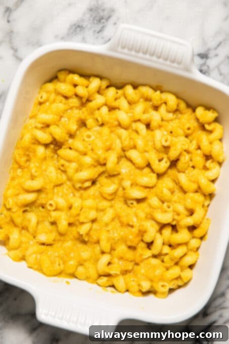Butternut mac and cheese in a baking dish before adding breadcrumbs, showing the creamy texture.