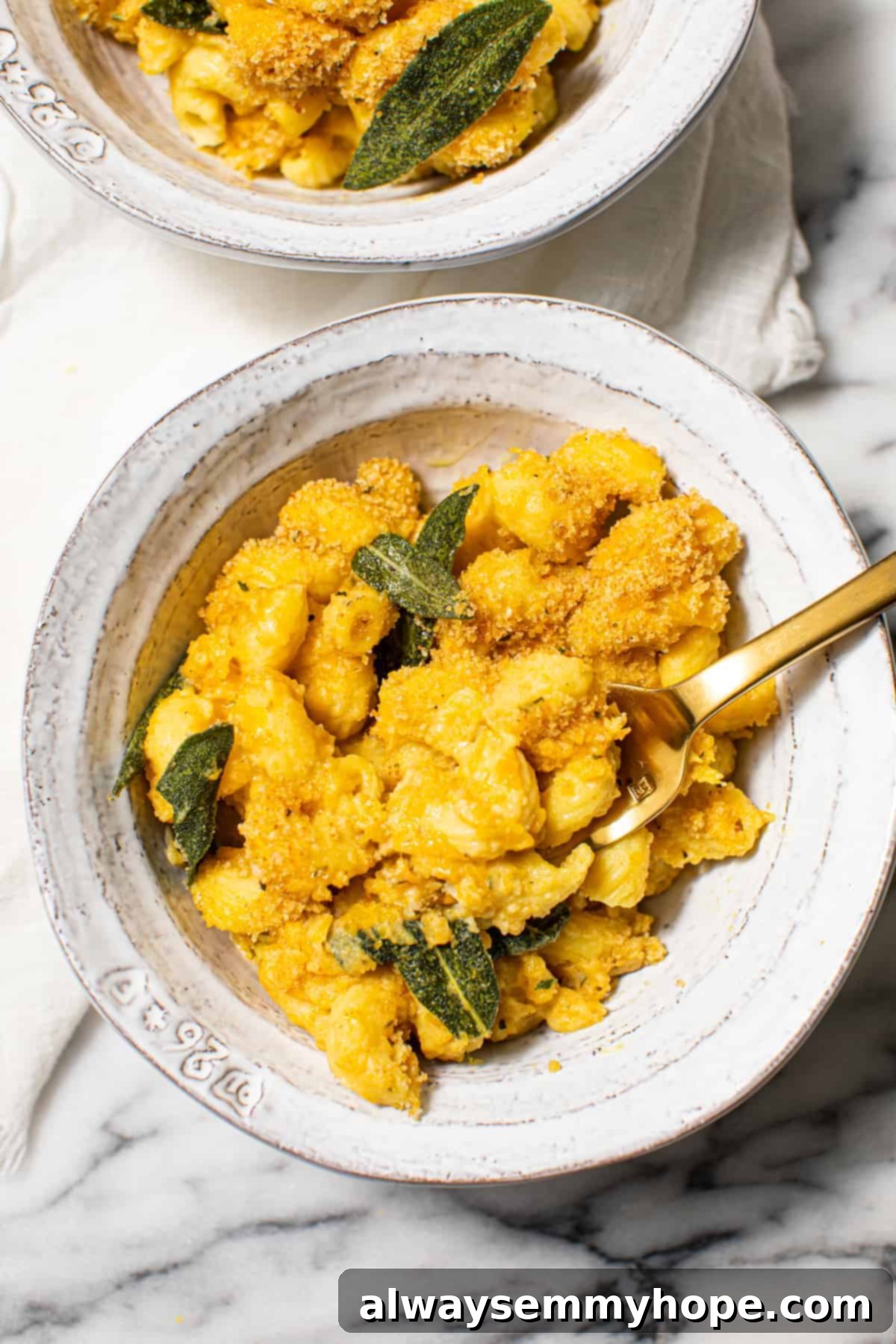 Close-up of a bowl of creamy butternut squash macaroni and cheese, garnished with crispy sage.